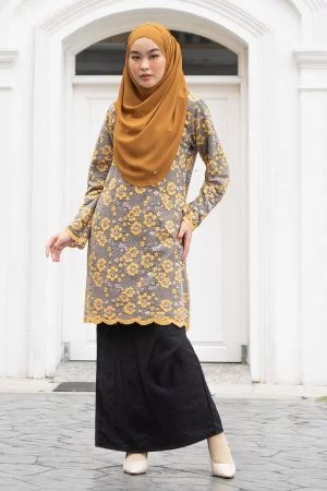 Baju Kurung Lace Ainani - Mustard Black