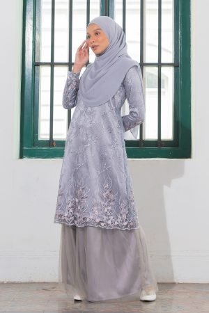 Baju Kurung Pearl Lace 3D Adeera - Light Grey