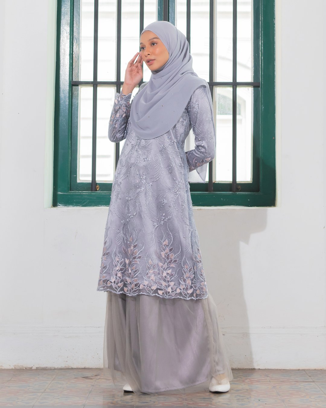 Buy Sarima Kurung Pleated Muslimah Fashion Light Grey Online Zalora Malaysia