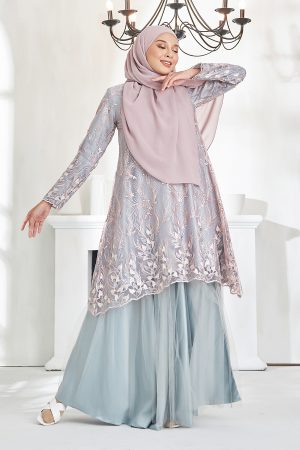 Baju Kurung Lace Armel - Light Grey