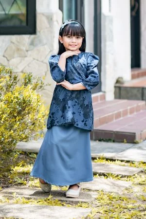 Baju Kurung Puffy Avelyn Kids - Denim Blue