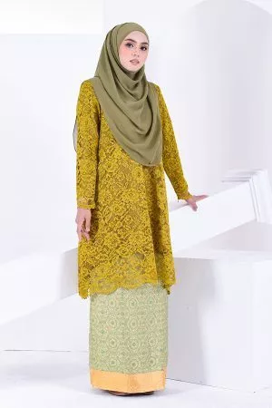 Baju Kurung Lace Balqis - Gold Mustard