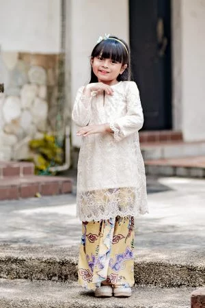 Baju Kurung Batik Lace Abreona Kids - Ivory Cream