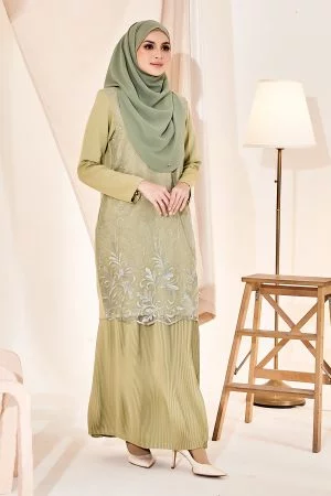 Baju Kurung Lace Pleated Erin - Celery Green