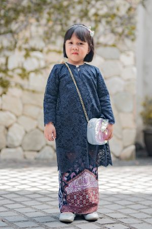 Baju Kurung Batik Alice Lace Kids - Navy Blue