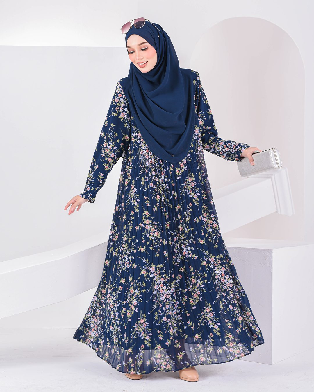 Dress Pleated Nayra – Navy Blue – MuslimahClothing.Com