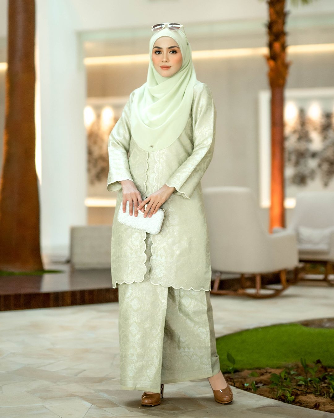 Baju Kebarung Songket Embroidery Raihani – Tea Green – MuslimahClothing.Com