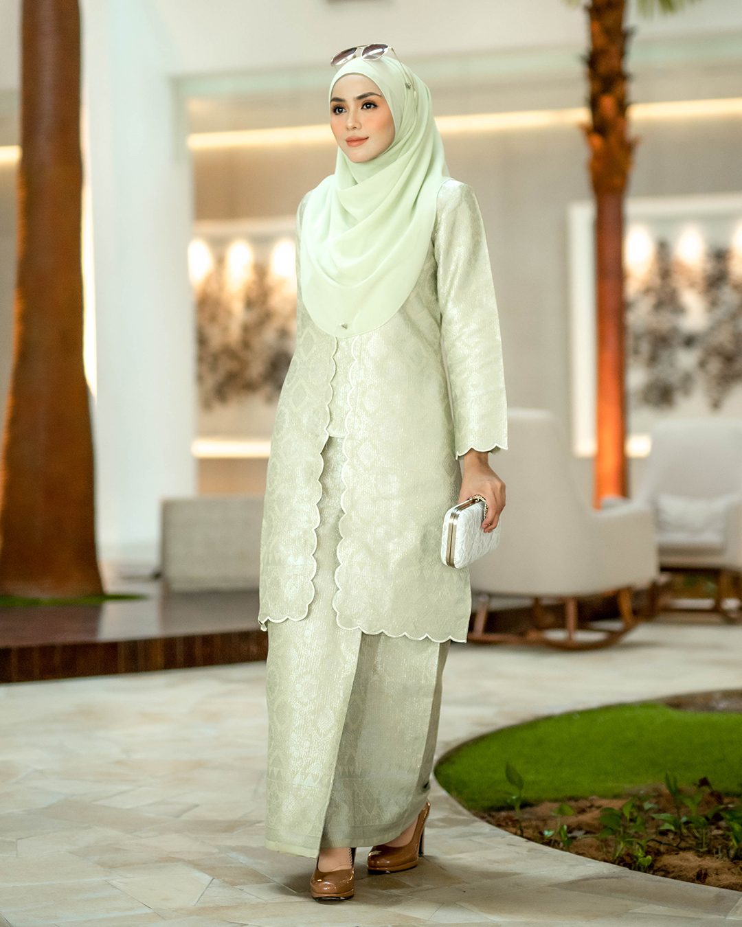 Baju Kebarung Songket Embroidery Raihani – Tea Green – MuslimahClothing.Com