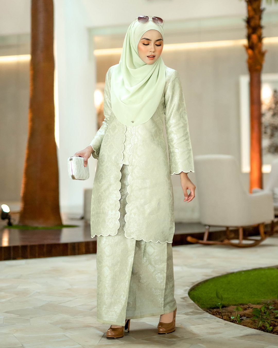 Baju Kebarung Songket Embroidery Raihani – Tea Green – MuslimahClothing.Com
