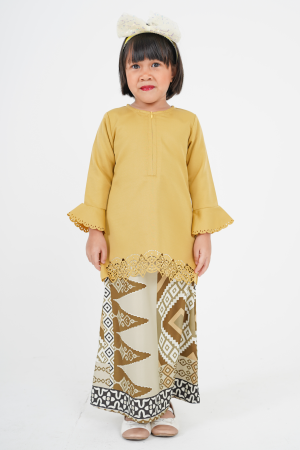 Baju Kurung Batik Lasercut Ateera Kids - Khaki Mustard