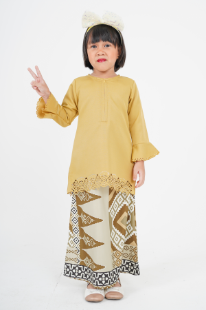 Baju Kurung Batik Lasercut Ateera Kids - Khaki Mustard