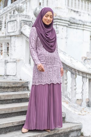 Baju Kurung Lace Pleated Rasiah - Plum Purple