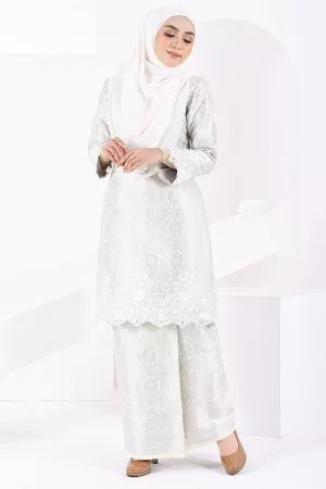 Baju Kurung Moden Lace Songket Ramadhani - Steel White