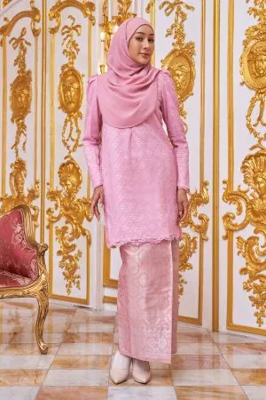 Baju Kurung Puffy Lace Songket Ralena - Brick Pink