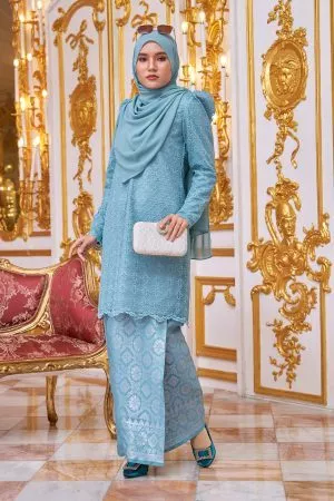 Baju Kurung Puffy Lace Songket Ralena - Sapphire Blue