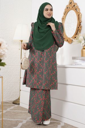 Baju Kurung Riau Lace Adiona - Emerald Coral