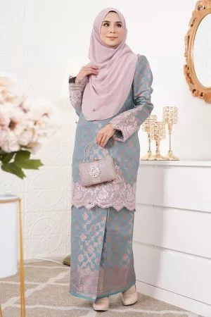 Baju Kurung Moden Lace Songket Ramadhani - Carolina Blue