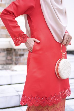 Baju Kurung Lasercut Songket Halina - Chili Red