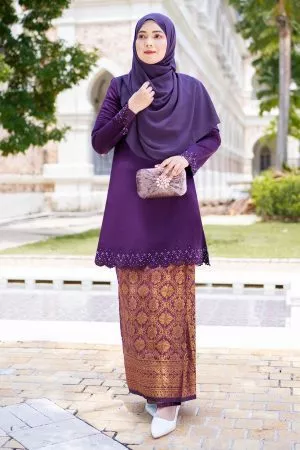 Baju Kurung Lasercut Songket Halina - Eggplant Purple