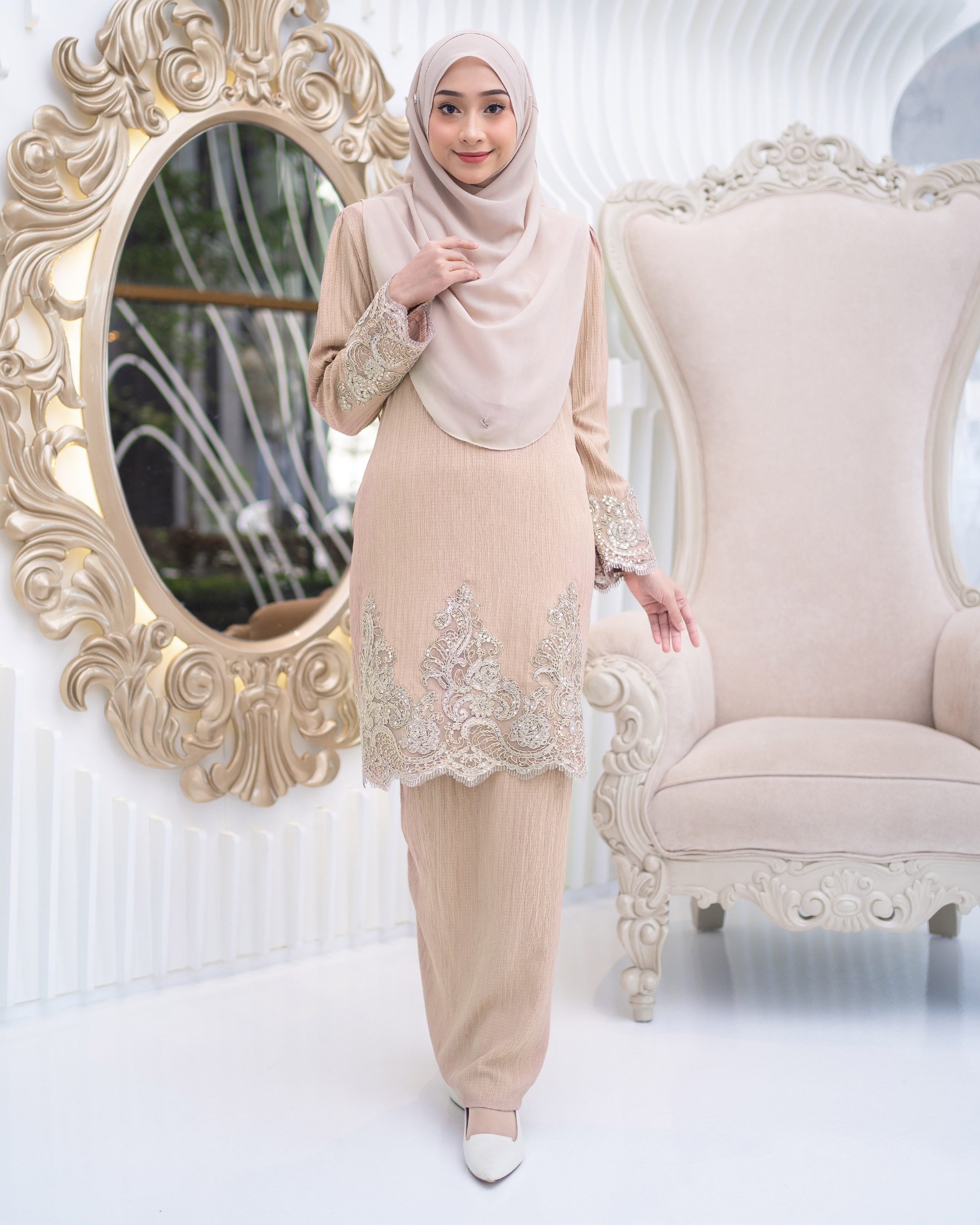 Baju Kurung Moden Lace Hayley Champagne Nude Muslimahclothing Com