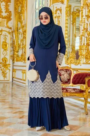 Baju Kurung Lace Pleated  Aria - Navy Blue