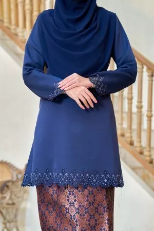 Baju Kurung Songket Lasercut Halina - Navy Blue