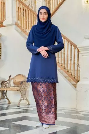 Baju Kurung Songket Lasercut Halina - Navy Blue