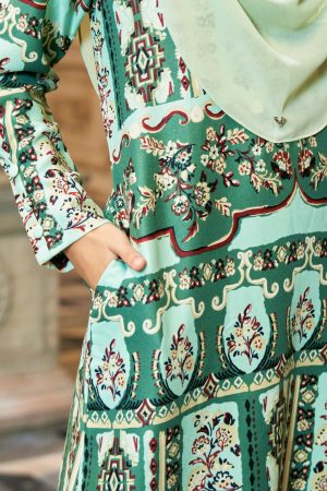 Abaya Button Printed Veivie - Basil Green