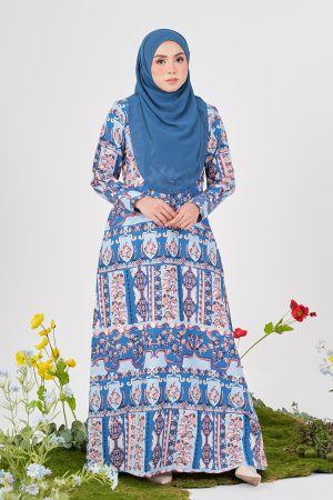 Abaya Button Printed Veivie - Pigeon Blue