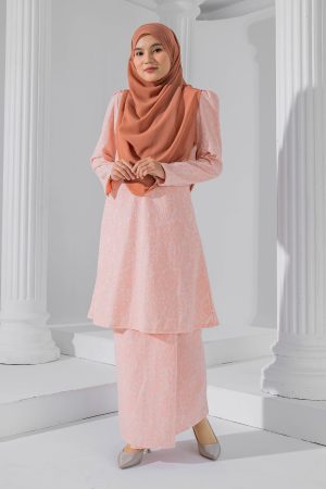 Baju Kurung Riau Lace Adiona - Peach Pink