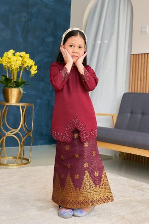 Baju Kebarung Songket Lasercut Harisa Kids - Burgundy Red