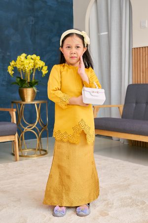 Baju Kebarung Songket Lasercut Harisa Kids - Sunglow Yellow
