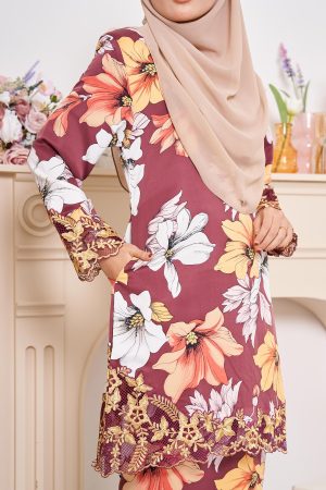 Baju Kurung Moden Sulam Velannie - Blossom Maroon
