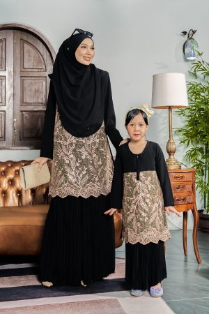 Baju Kurung Lace Pleated Aryana Kids - Misty Black