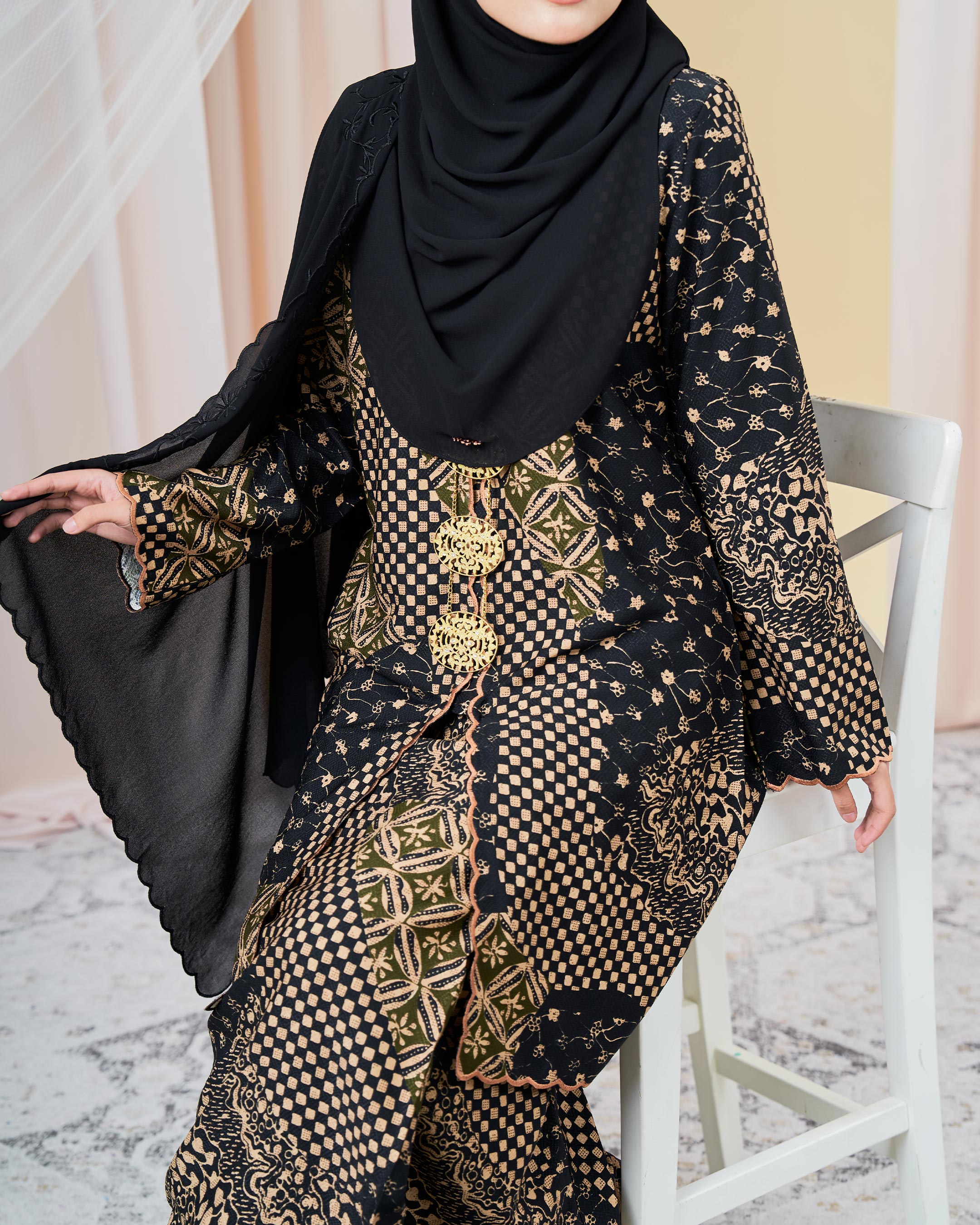 Baju Kurung Sulam Batik Adria – Gold Black – MuslimahClothing.Com