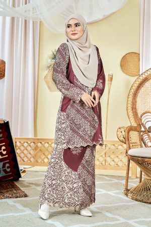 Baju Kurung Moden Batik Sulam Sulam Sultanah 9.0 - Azalea Deep Maroon