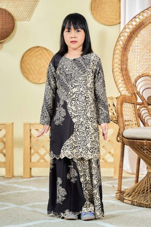 Baju Kurung Moden Batik Sulam Sultanah Kids 9.0 - Azalea Umber Black