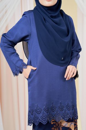 Baju Kurung Batik Lasercut Hanifa - Navy Blue