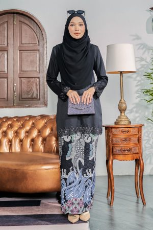 Baju Kurung Batik Lasercut Haya - Ash Black