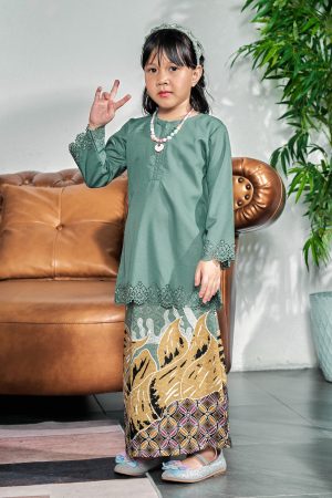 Baju Kurung Batik Lasercut Haya Kids - Clay Turquoise