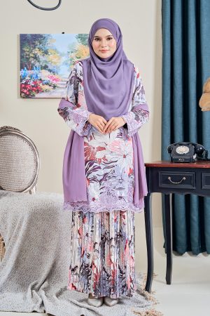 Baju Kurung Lace Pleated Aleena - Flora Mauve