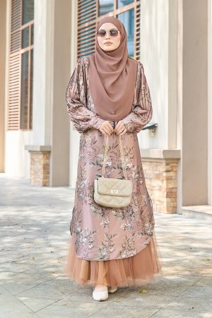 Medi Dress Satin Pleated Lyca Baloon Sleeve – Primrose Brown